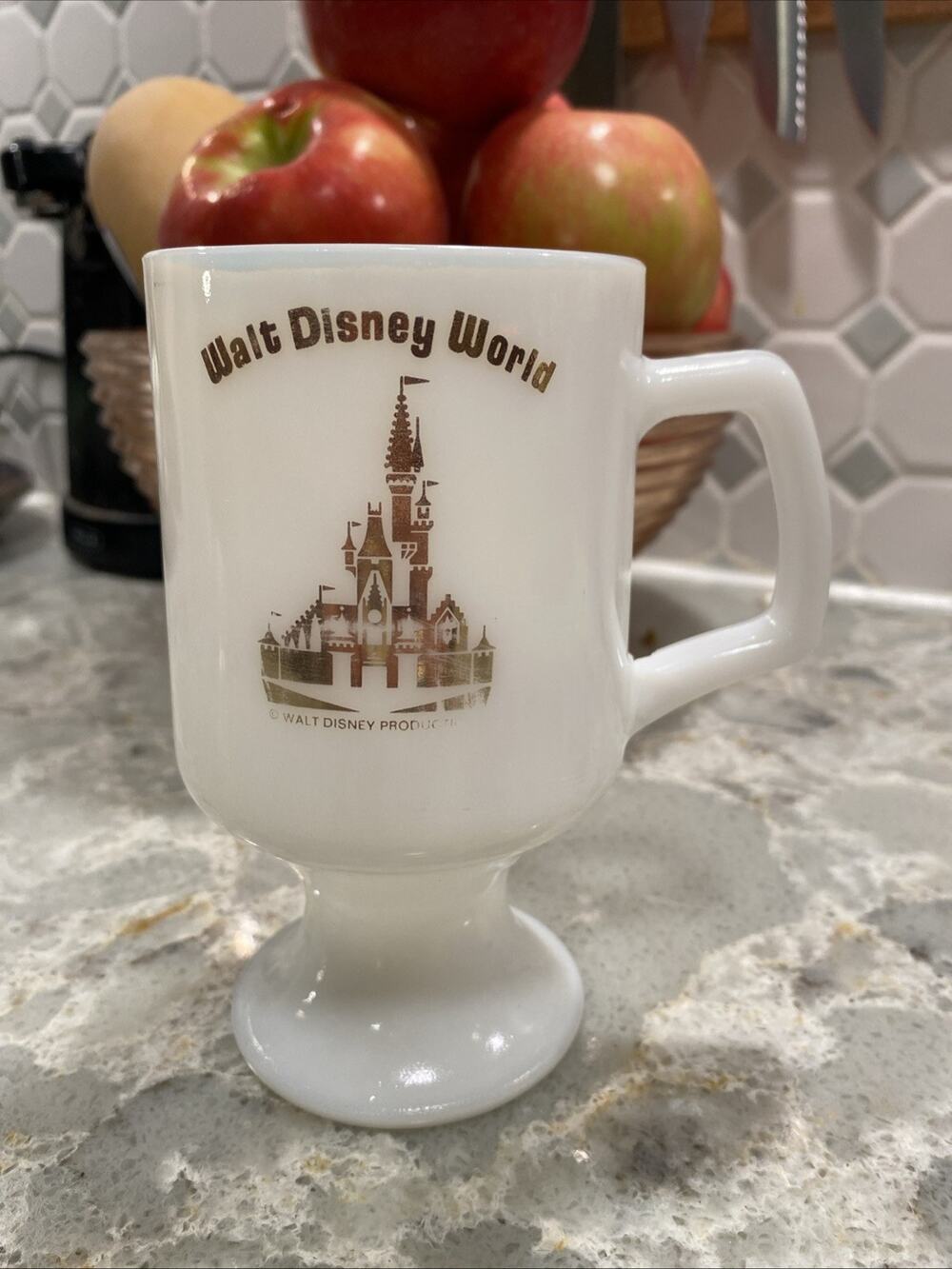 Vintage Walt Disney World White Gold Milk Glass Pedestal Coffee Mug Cup Handle